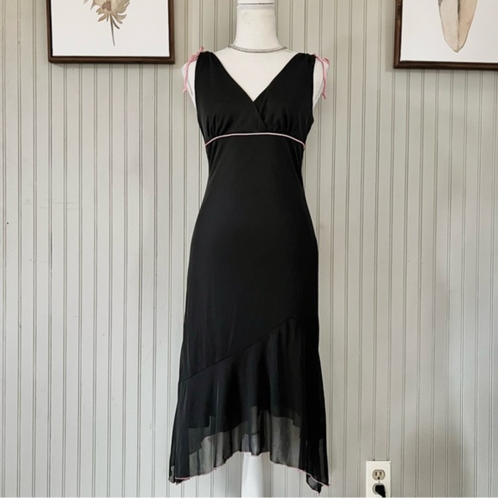 Y2K Vintage Black Empire Sleeveless Midi With Pink Piping and Chiffon Overlay